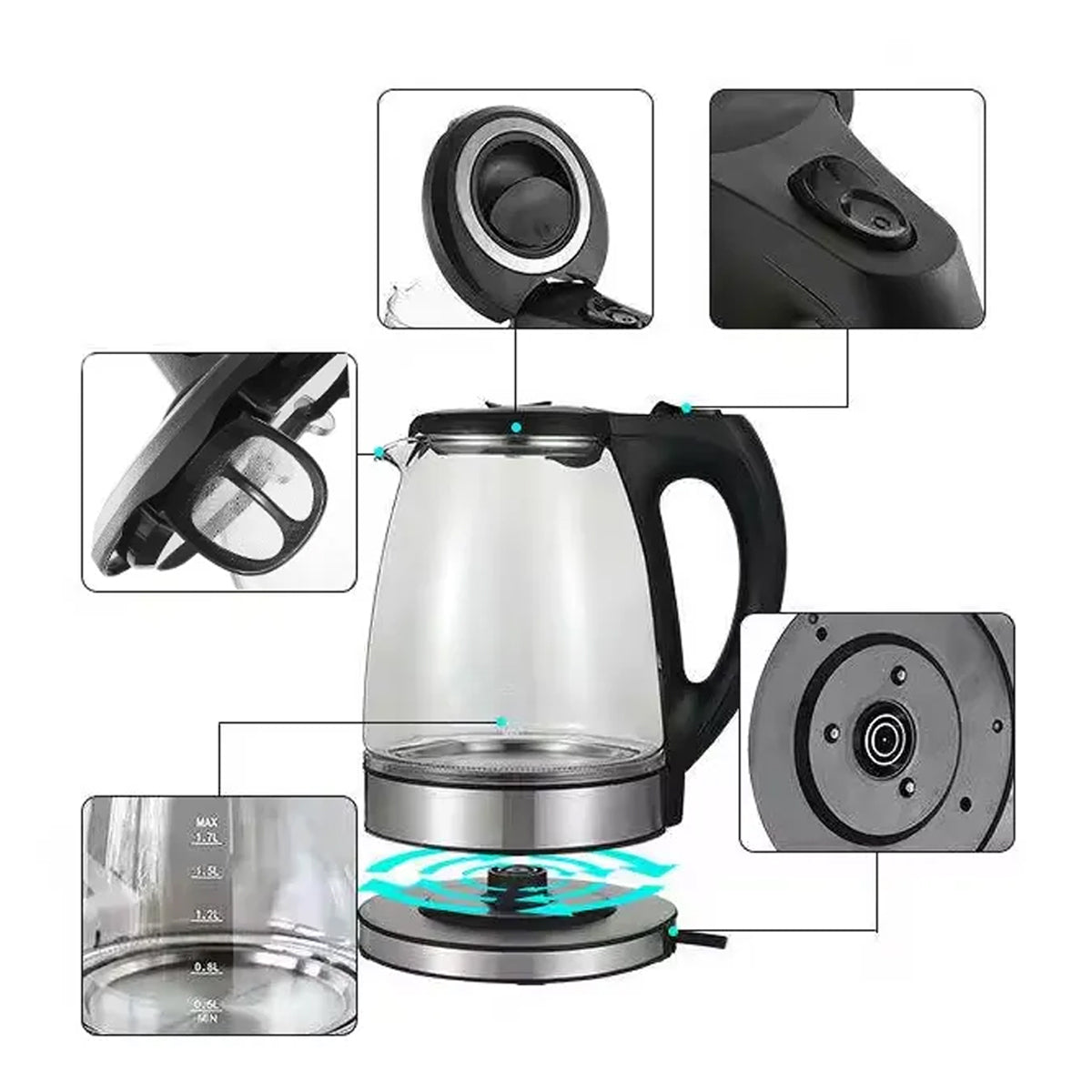 1.7L Electric Kettle Stainless Steel Hot Water Boiler for Home Hotel Office Use