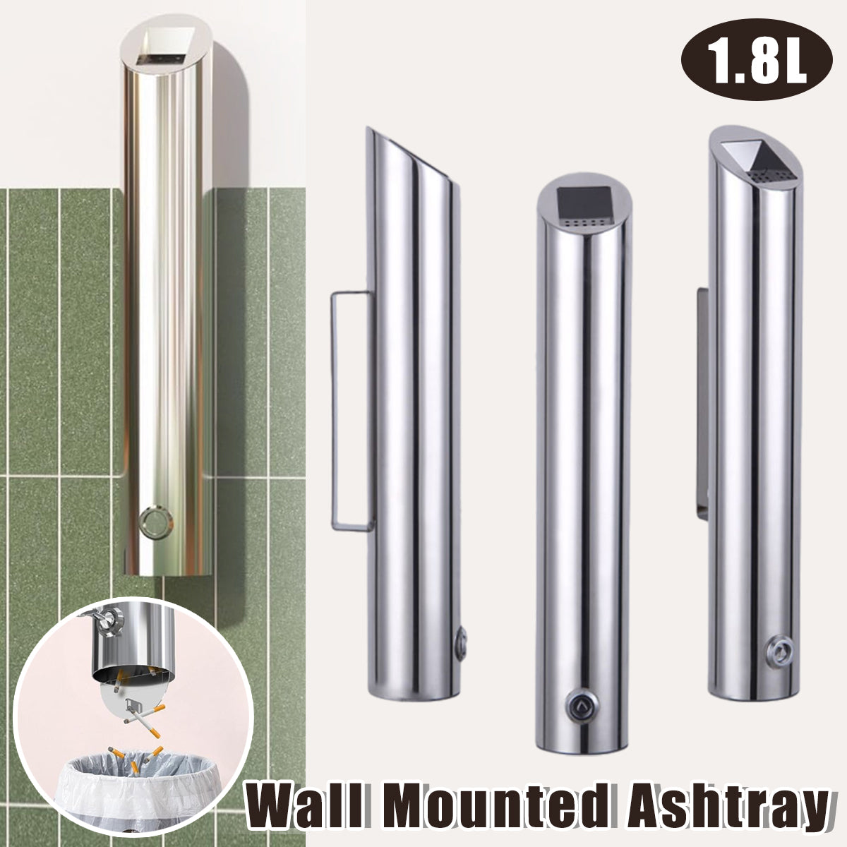 Wall Mounted Ashtray Stainless Steel 1.8L Floor Standing Vertical Trash Bin AU