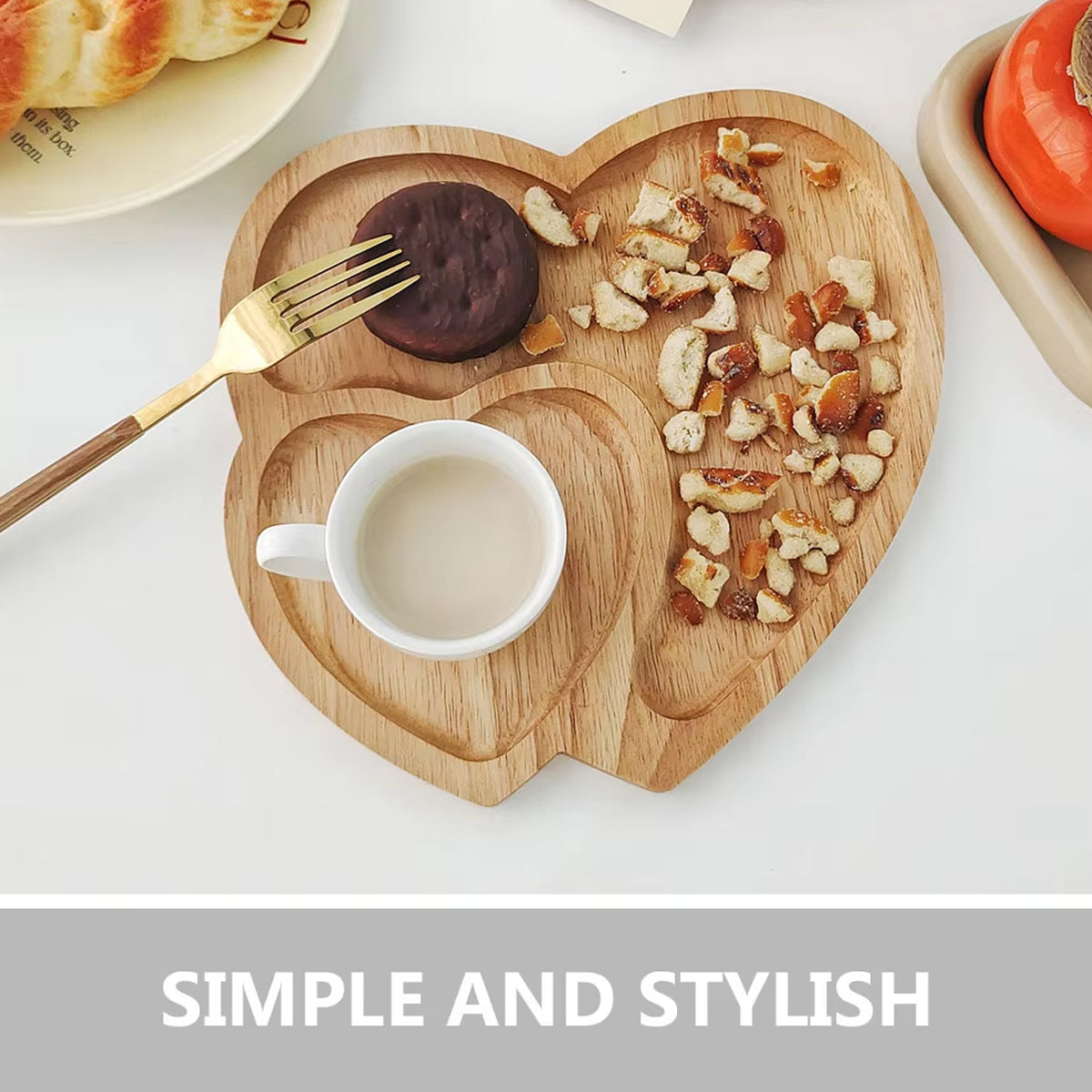 Heart-Shaped Rubber Wood Serving Tray for Coffee and Desserts
