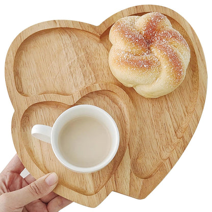 Heart-Shaped Rubber Wood Serving Tray for Coffee and Desserts