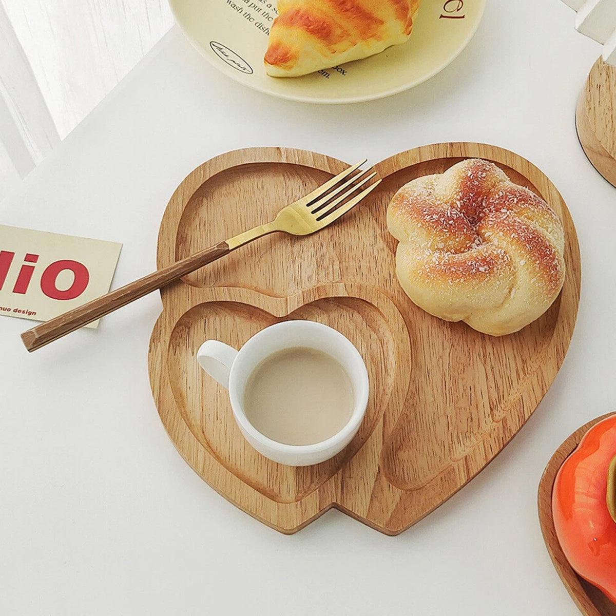 Heart-Shaped Rubber Wood Serving Tray for Coffee and Desserts