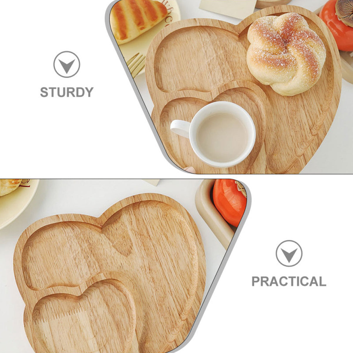 Heart-Shaped Rubber Wood Serving Tray for Coffee and Desserts