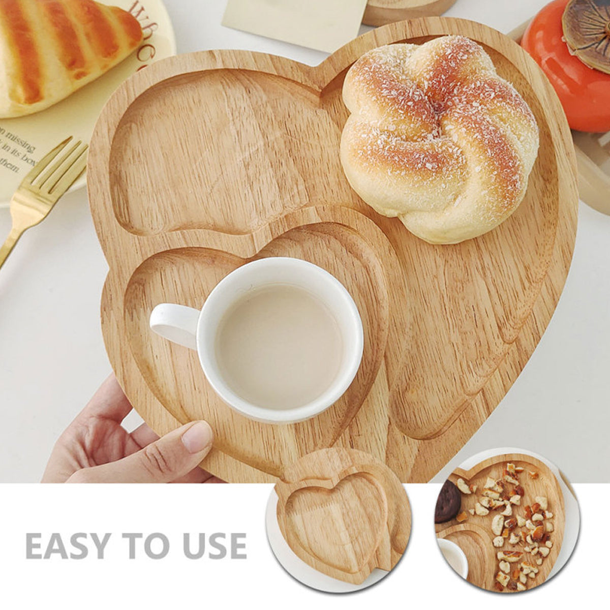 Heart-Shaped Rubber Wood Serving Tray for Coffee and Desserts