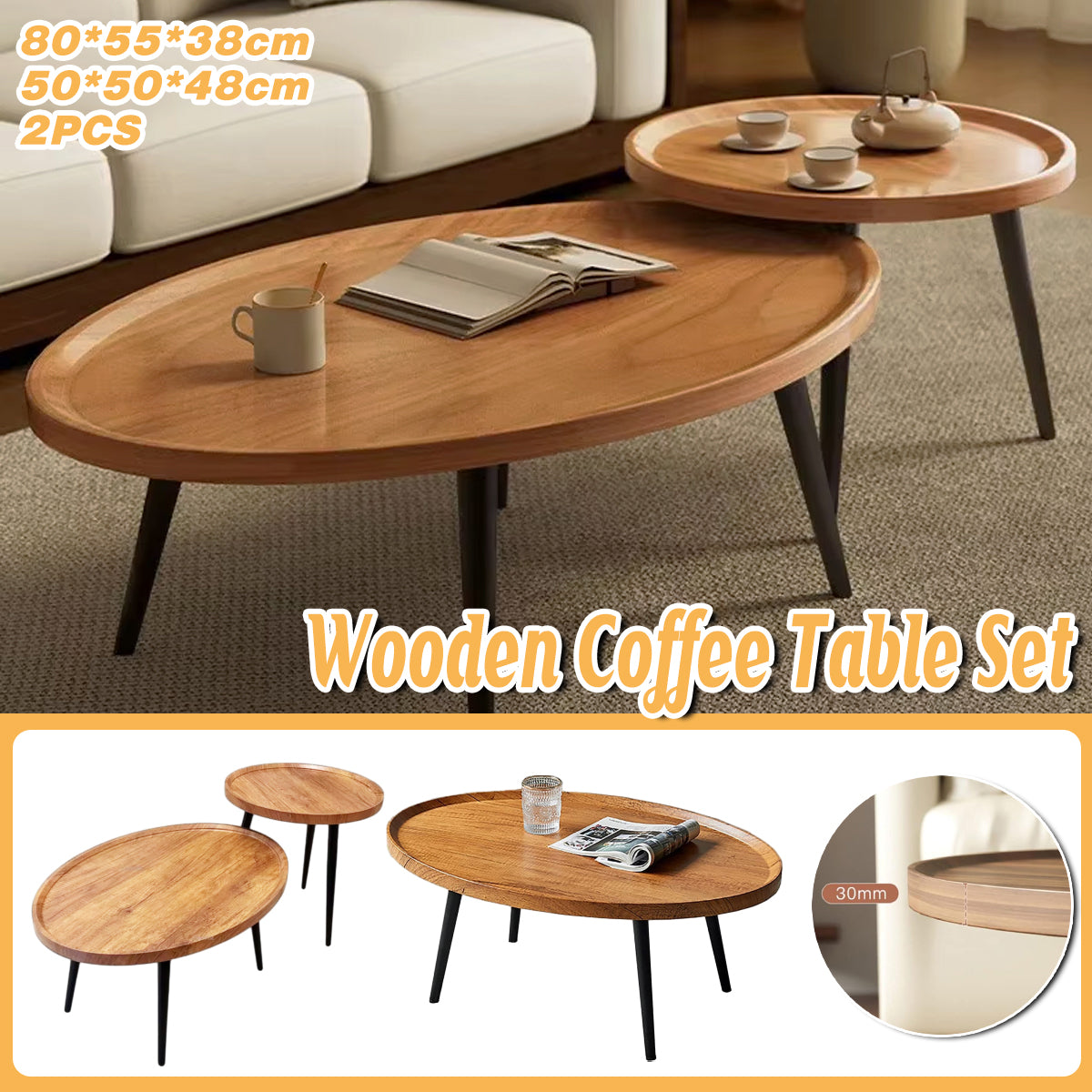 2 Pcs Glossy Nesting Coffee Table Set for Living Room