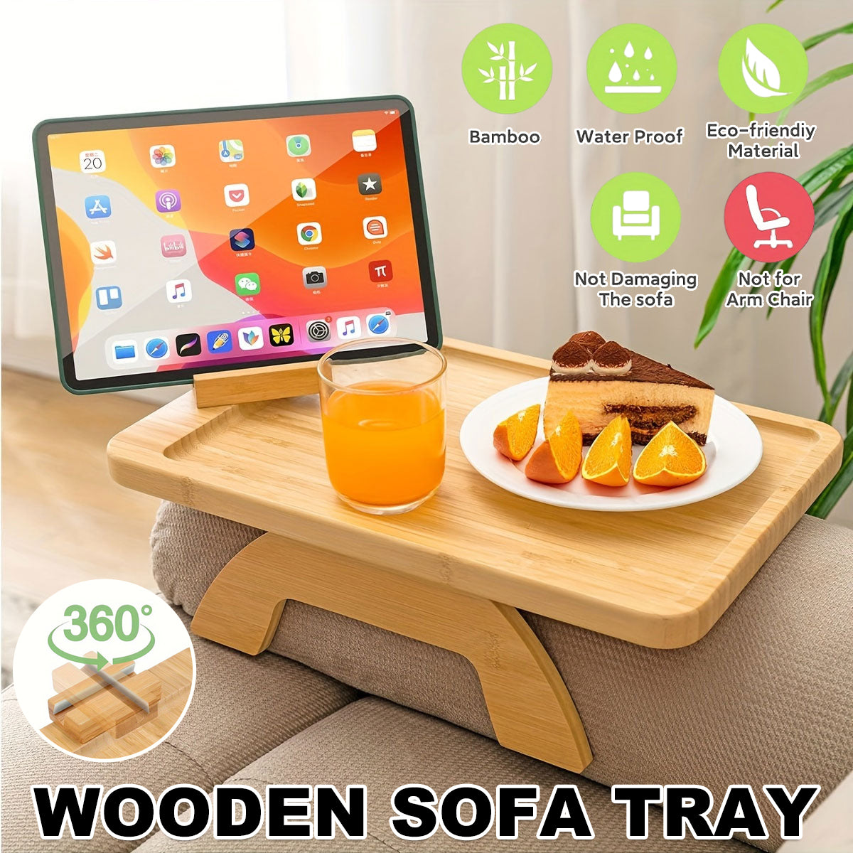Wooden Lazy Sofa Tray Rotating With Mobile Phone Tablet Holder Dinner Plate Breakfast Plate Snack Foldable Tray