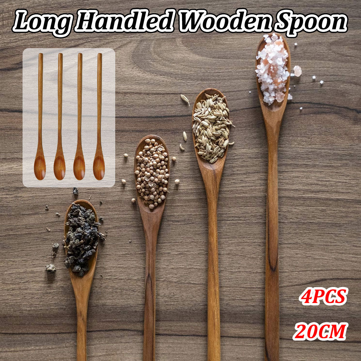 4PCS Japanese Wooden Long Handle Stirring Spoons for Coffee and Tea