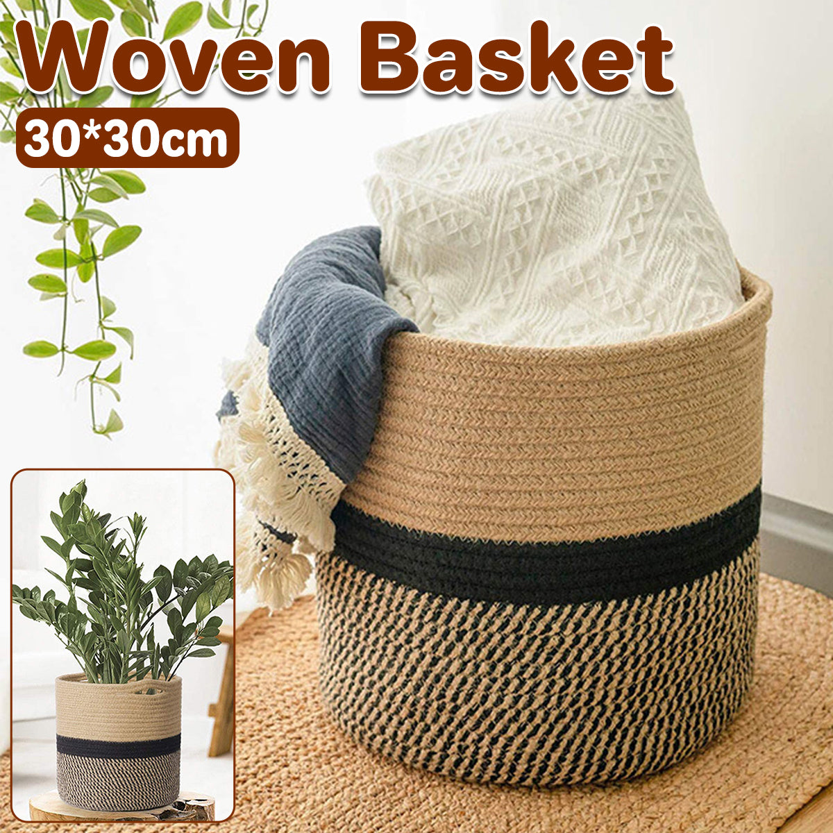 Woven Round Cotton Rope Laundry Basket for Home Storage Organization