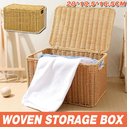 Storage Box Bedroom Organizer Faux Rattan Woven Basket with Lid Home Storage