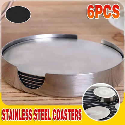 6x Stainless Steel Coasters with Holder Heat Resistant Set