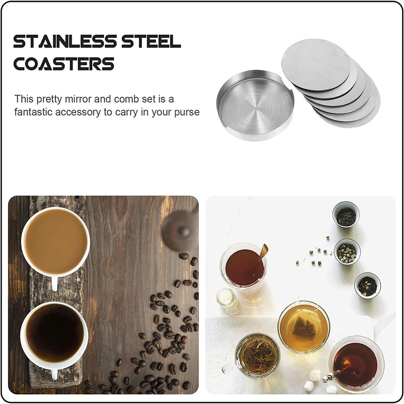 6x Stainless Steel Coasters with Holder Heat Resistant Set