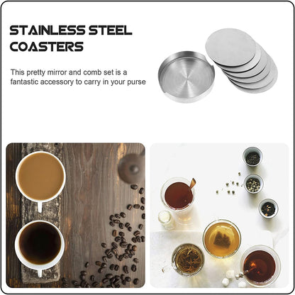 6x Stainless Steel Coasters with Holder Heat Resistant Set