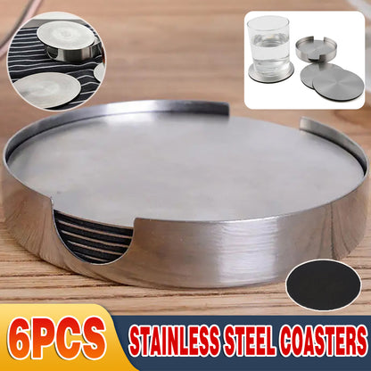 6x Stainless Steel Coasters with Holder Heat Resistant Set
