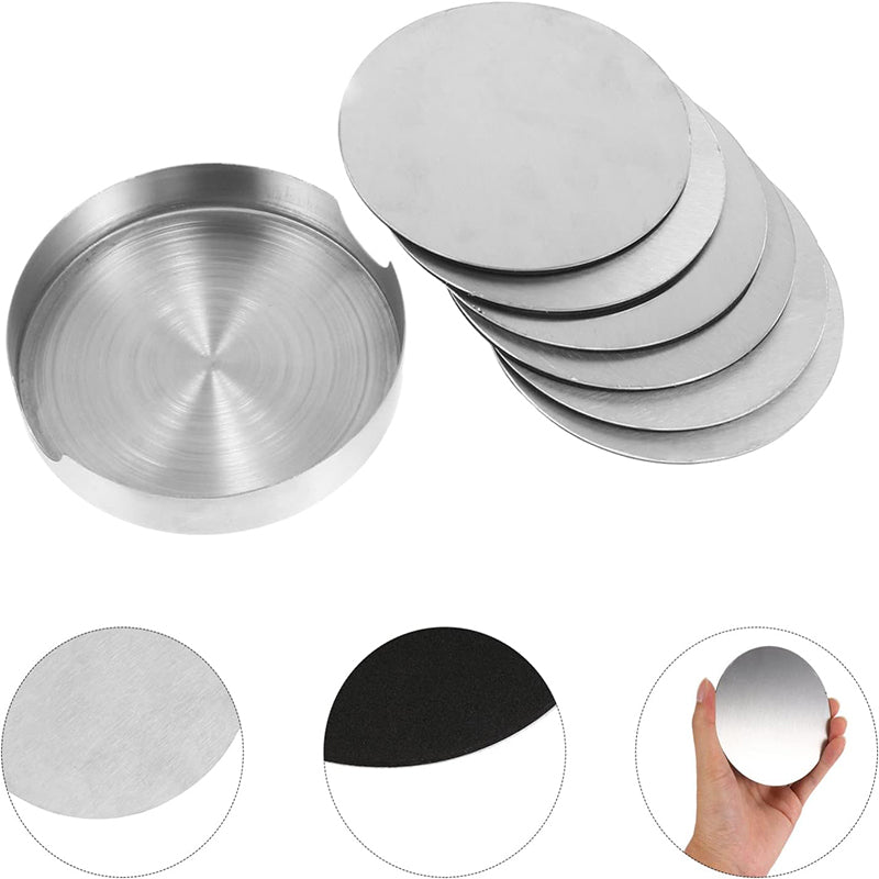 6x Stainless Steel Coasters with Holder Heat Resistant Set