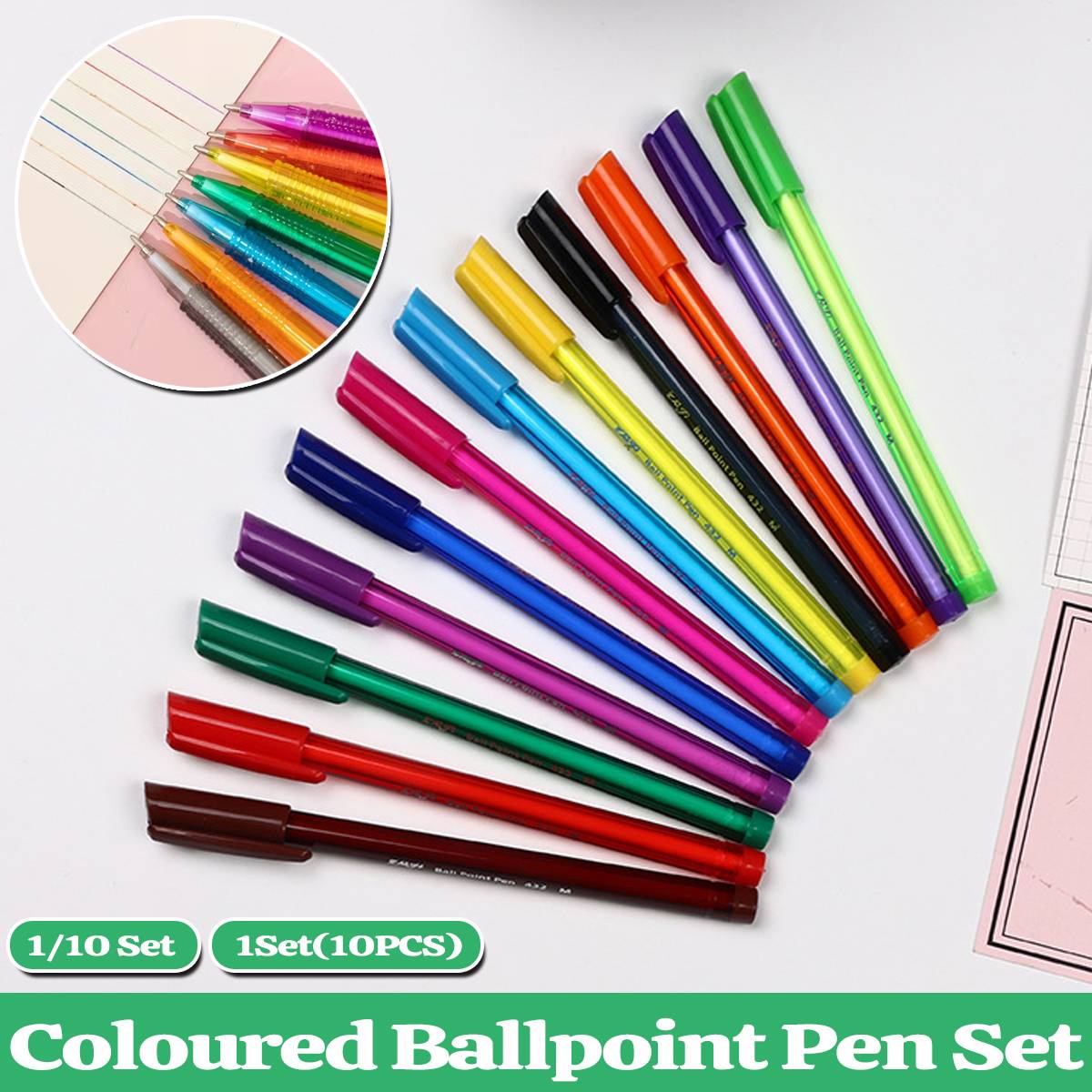 10PCS Colorful Ballpoint Pen Set with Transparent Barrel