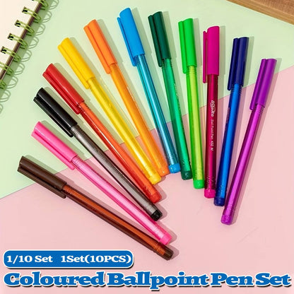 10PCS Colorful Ballpoint Pen Set with Transparent Barrel