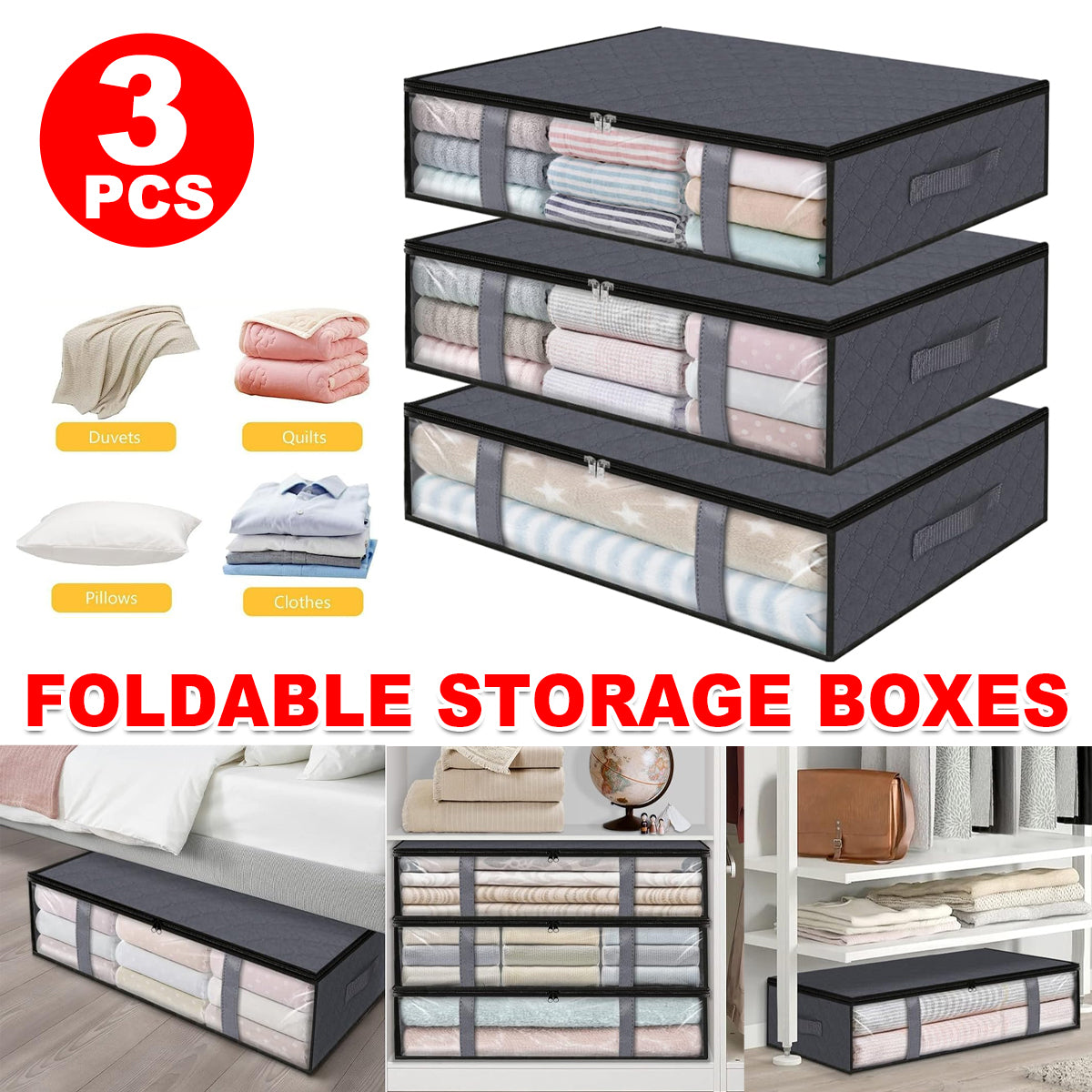 3pcs Underbed Storage Box Clothes Organizer Foldable Containers for Home Use