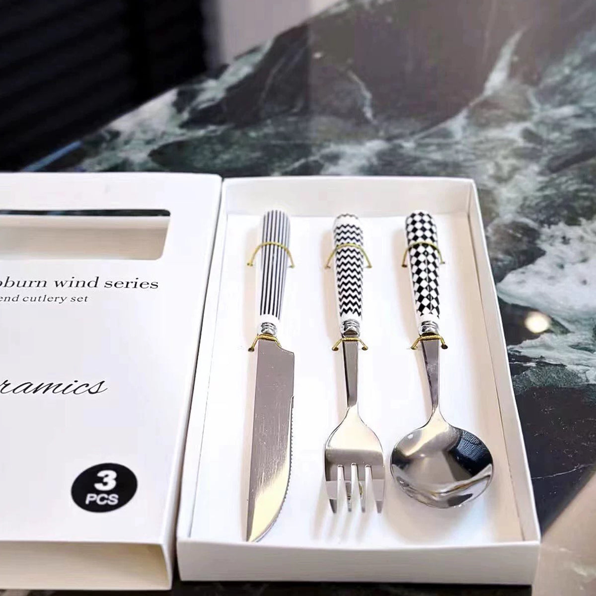 3PCS Stainless Steel Ceramic Handle Cutlery Set with Gift Box