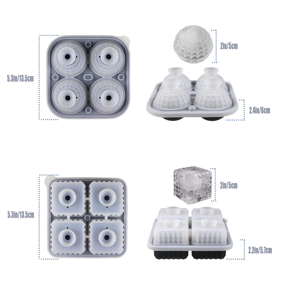 2pcs Silicone Ice Cube Tray Round and Square Ball Mold Set