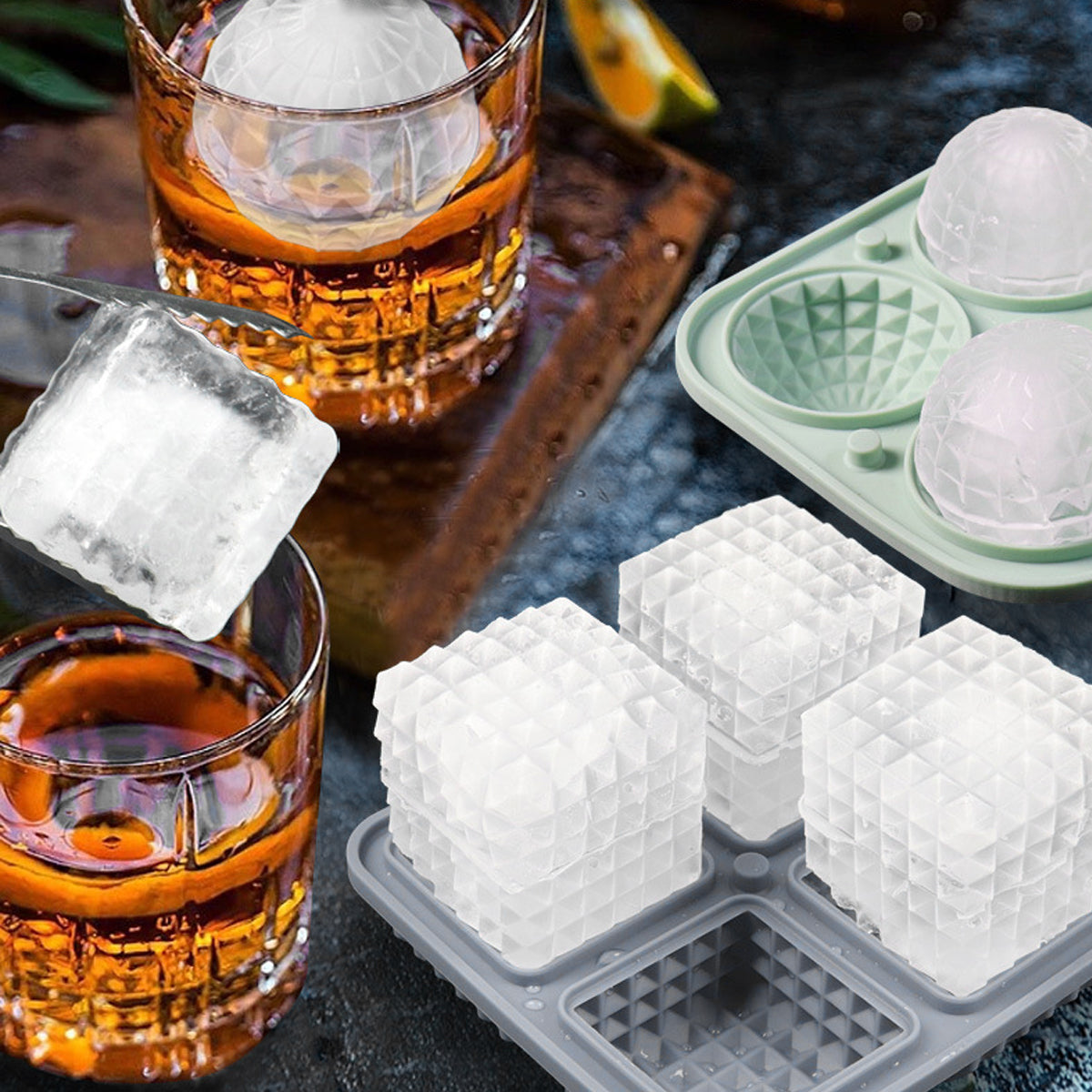 2pcs Silicone Ice Cube Tray Round and Square Ball Mold Set