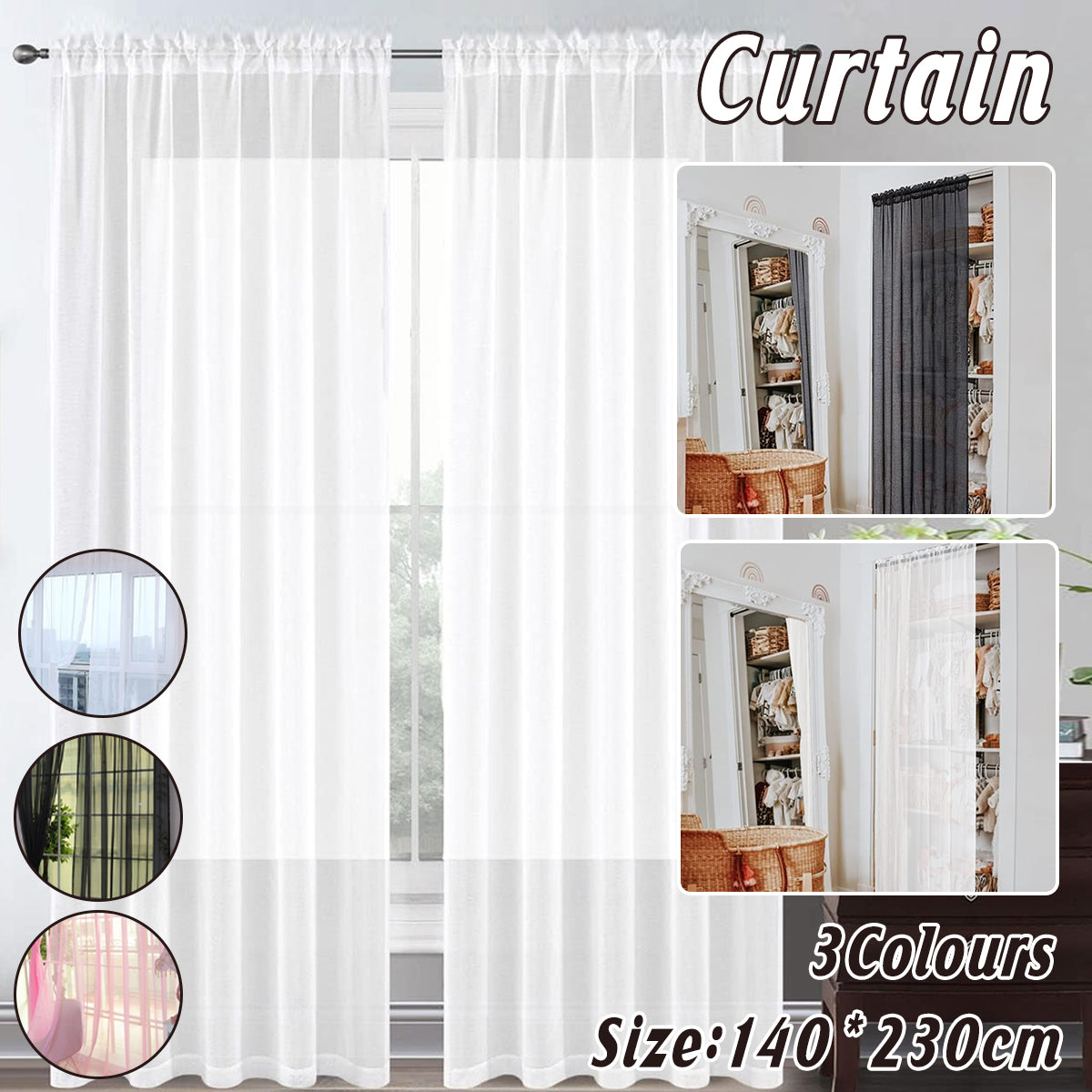 Sheer Voile Curtains Rod Pocket Window Panel for Bedroom 140cm x 230cm Drapes