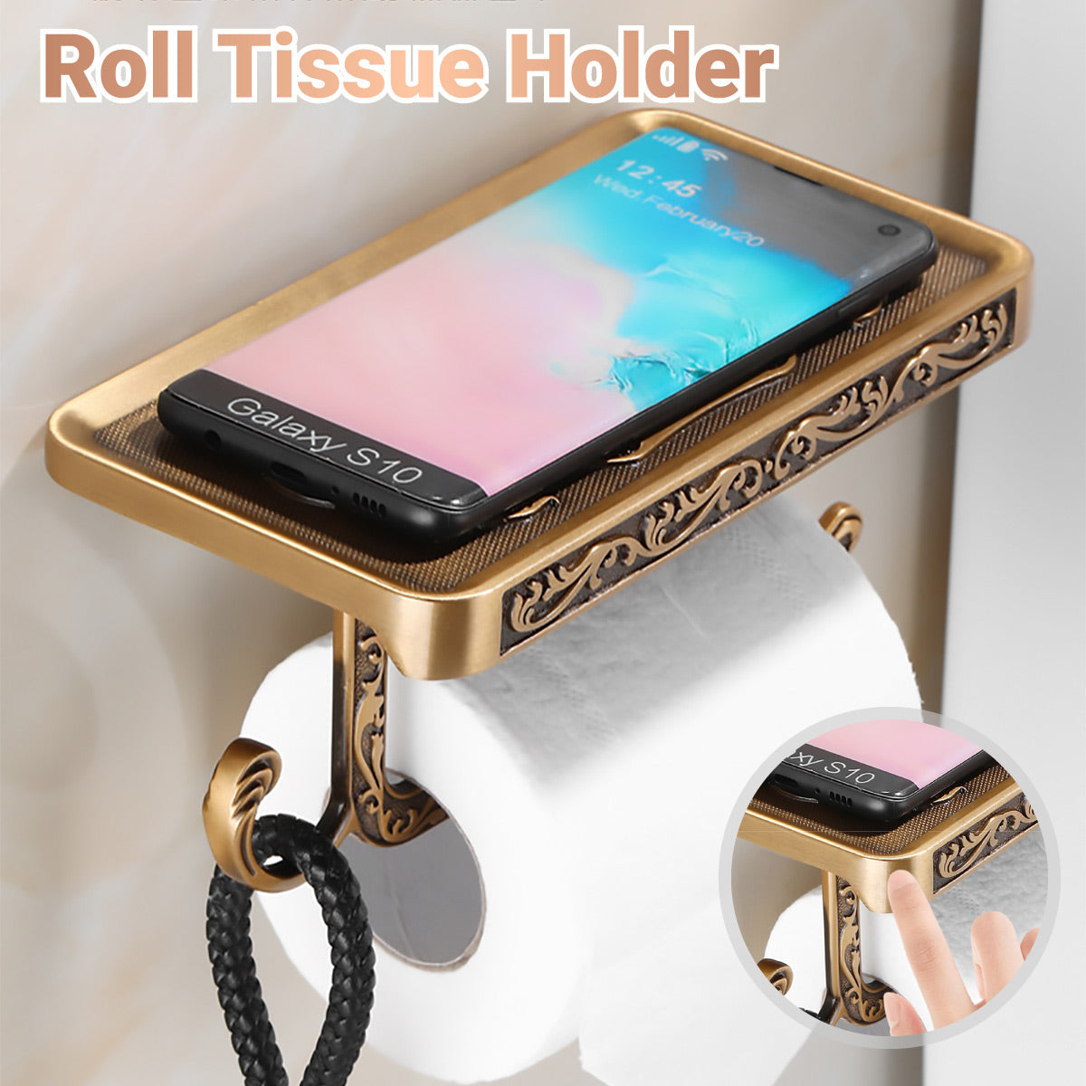 Wall Mounted Tissue Holder with Phone Shelf – Product View 2