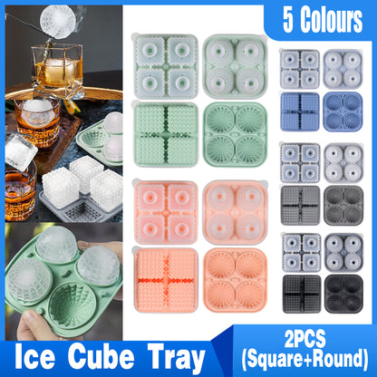 2pcs Silicone Ice Cube Tray Round and Square Ball Mold Set