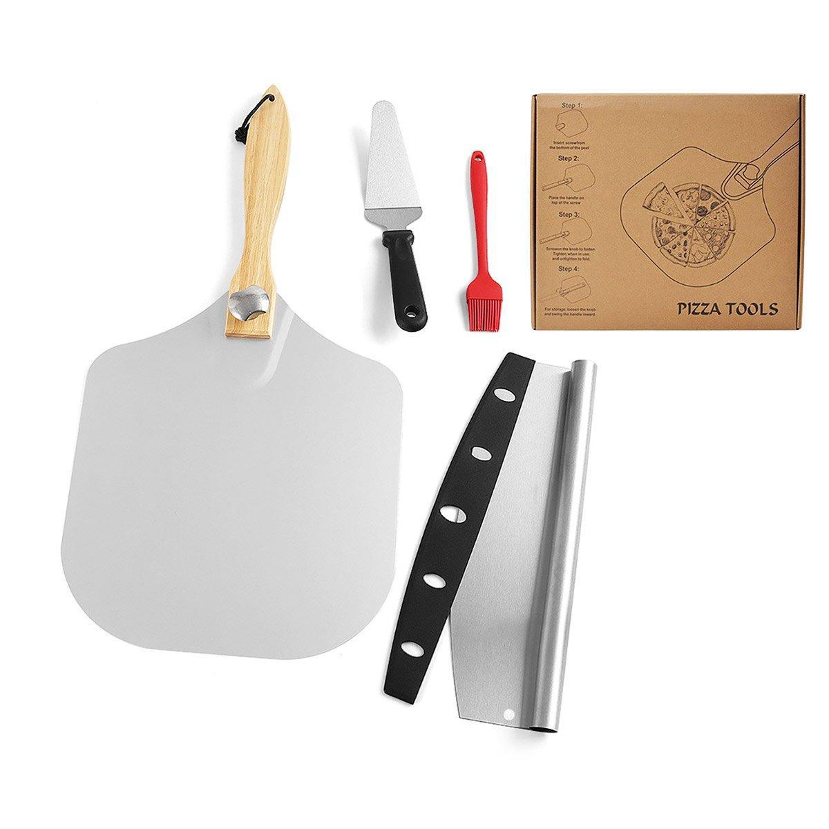 4 Pcs Pizza Tool Set with 12-Inch Aluminium Peel