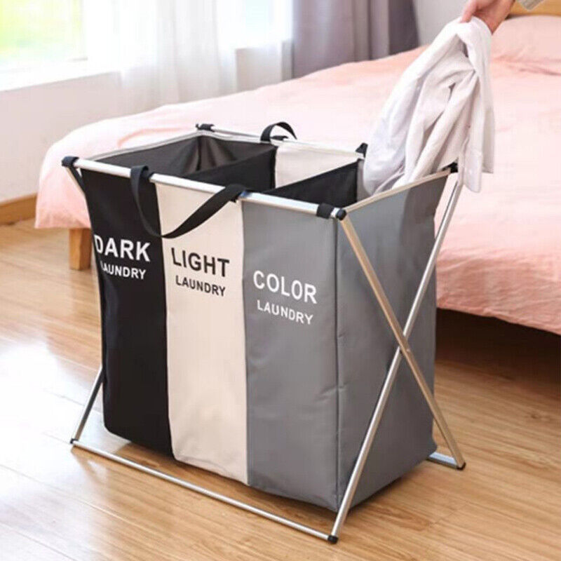 3 Sections Folding Laundry Hamper Sorter Oxford Cloth Basket