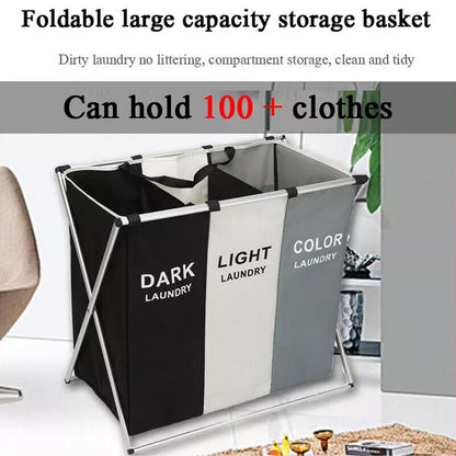 3 Sections Folding Laundry Hamper Sorter Oxford Cloth Basket