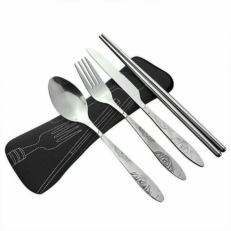 4 Pcs Cutlery Travel Knife Fork Portable Bag Stainless Steel Spoon Chopstick Set