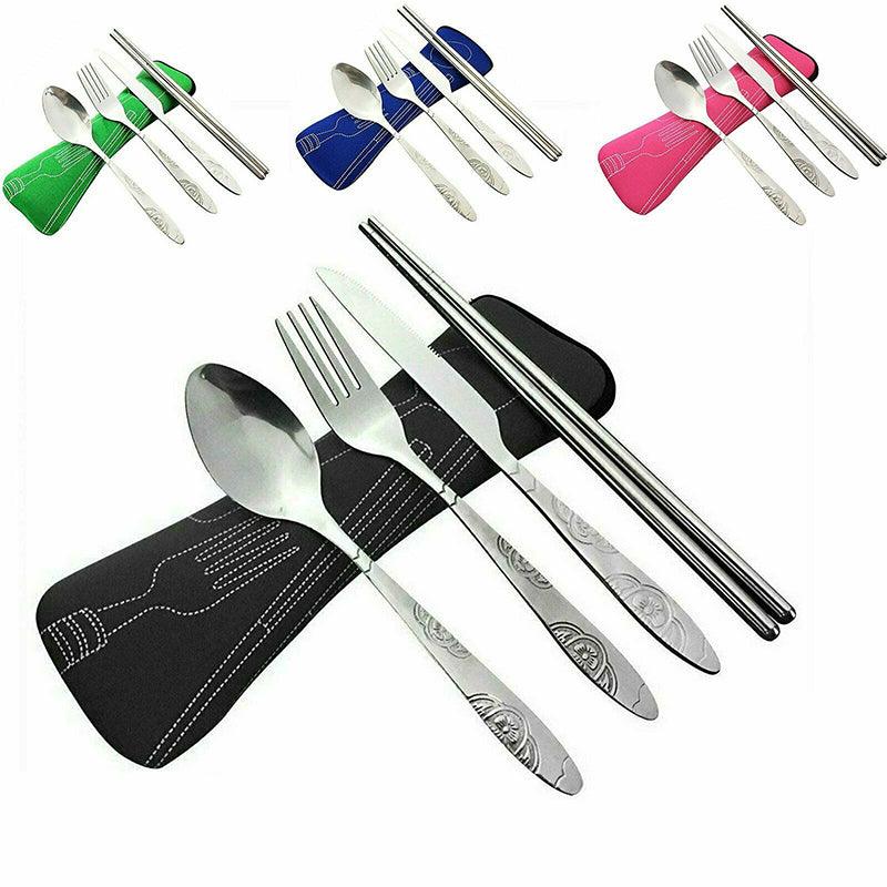 4 Pcs Cutlery Travel Knife Fork Portable Bag Stainless Steel Spoon Chopstick Set