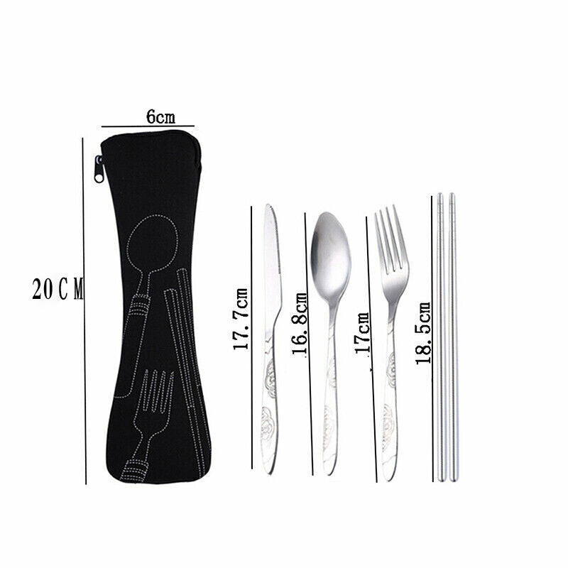 4 Pcs Cutlery Travel Knife Fork Portable Bag Stainless Steel Spoon Chopstick Set