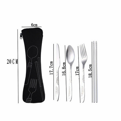 4 Pcs Cutlery Travel Knife Fork Portable Bag Stainless Steel Spoon Chopstick Set