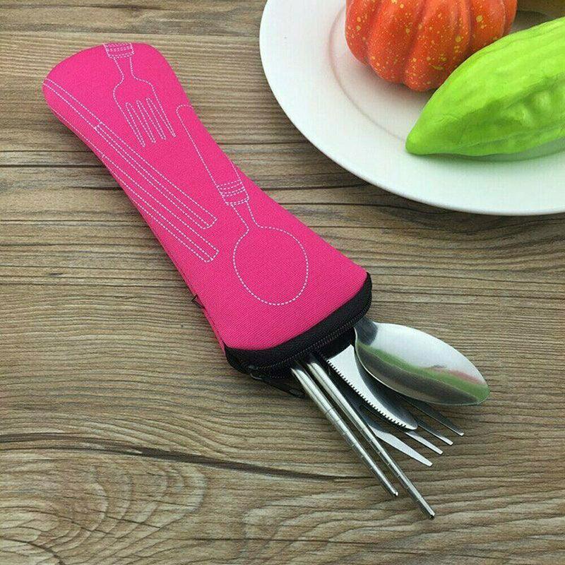 4 Pcs Cutlery Travel Knife Fork Portable Bag Stainless Steel Spoon Chopstick Set