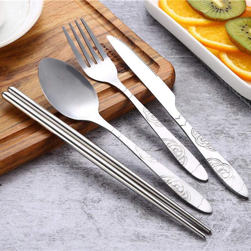 4 Pcs Cutlery Travel Knife Fork Portable Bag Stainless Steel Spoon Chopstick Set