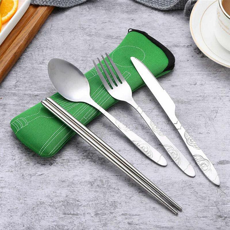 4 Pcs Cutlery Travel Knife Fork Portable Bag Stainless Steel Spoon Chopstick Set