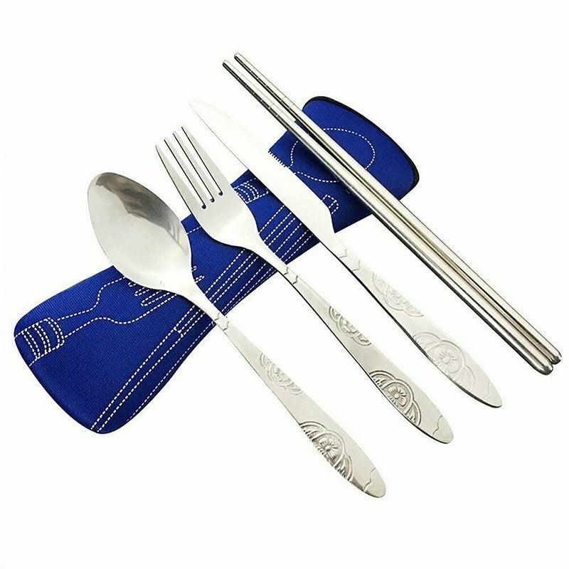 4 Pcs Cutlery Travel Knife Fork Portable Bag Stainless Steel Spoon Chopstick Set