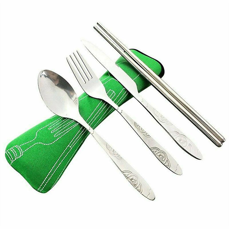4 Pcs Cutlery Travel Knife Fork Portable Bag Stainless Steel Spoon Chopstick Set