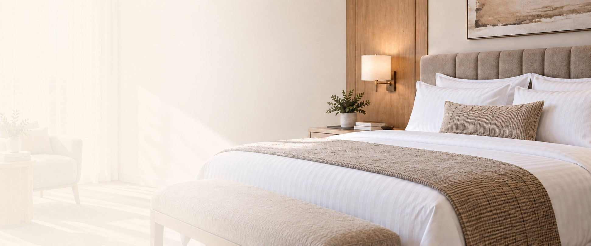 Modern hotel bedroom prepared for guests